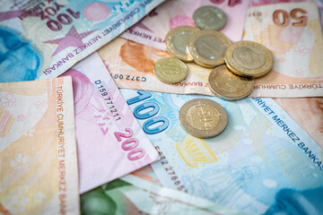 Various Turkish Lira Banknotes And Coins.  Turkish Money