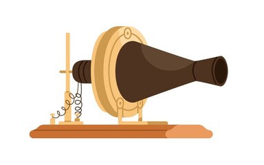 Bell centennial transmitter. Vintage telephone, first model of 1876. Old ancient phone, history communication object with disk, diaphragm. Flat vector illustration isolated on white background