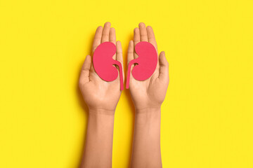 Woman with paper kidneys on yellow background