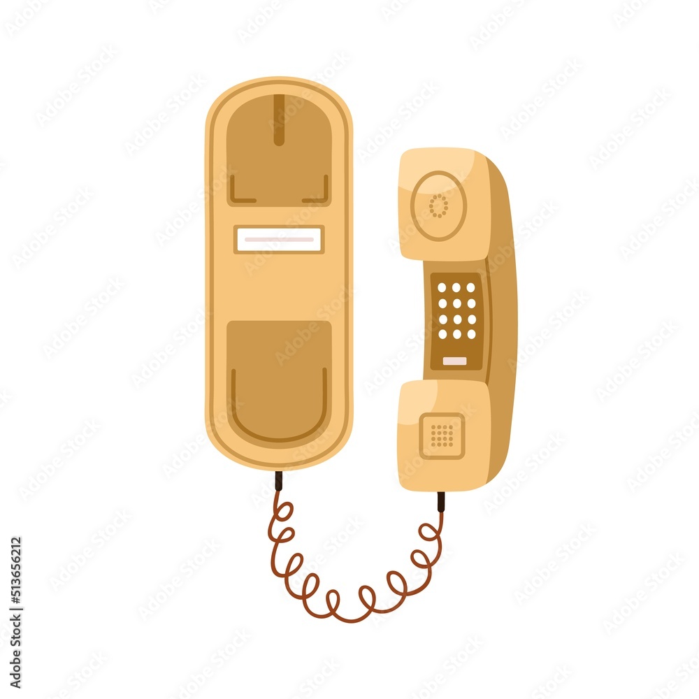 Aufkleber Retro push button telephone with keypad on headset. Old 70s, 80s touch tone phone model with keys on receiver. History device of 1968 type. Flat vector illustration isolated on white background