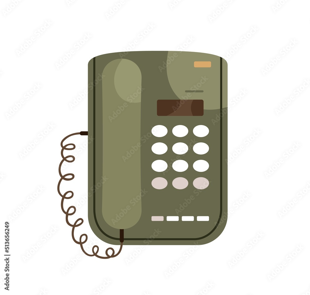 Aufkleber Retro touch tone, push button telephone with keypad. 90s phone with keys, headset receiver. History analog wired device model of 1990s. Flat vector illustration isolated on white background