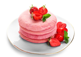 Plate with pink pancakes and strawberry isolated on white background