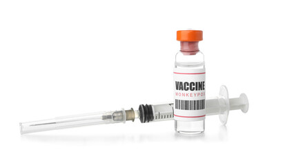 Monkeypox vaccine with syringe on white background