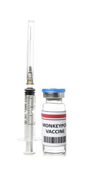 Monkeypox vaccine and syringe on white background