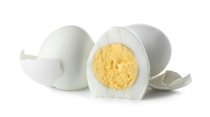 Boiled chicken eggs and shell on white background