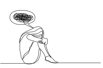 Continuous one-line drawing of a confused woman worried about mental health. Problems, failure, stress, sadness, heartbreak and depression concept in doodle style on transparent background. - obrazy, fototapety, plakaty