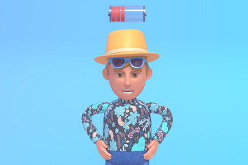 3d illustration of tired tourist in stress, low energy