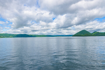 Landscape of the Lake Toya, a volcanic caldera lake in the Shikotsu-Toya National Park, Abuta...