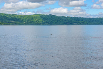 Landscape of the Lake Toya, a volcanic caldera lake in the Shikotsu-Toya National Park, Abuta District, Hokkaido, Japan.