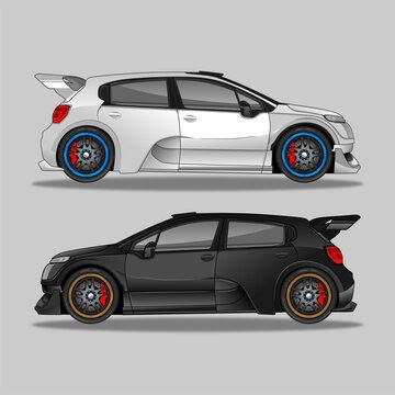 Black and White Super Sports Cars in side view. Vector Illustration