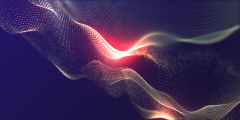 Fototapeta premium Technology digital wave background concept. Wave stream digital illustration. Network line connects to stream. Falling cyber particles. Big data stream. 3d rendering