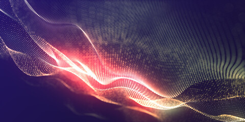 Fototapeta premium Technology digital wave background concept. Wave stream digital illustration. Network line connects to stream. Falling cyber particles. Big data stream. 3d rendering