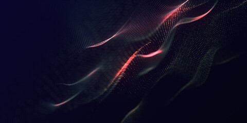 Technology digital wave background concept. Wave stream digital illustration. Network line connects to stream. Falling cyber particles. Big data stream. 3d rendering