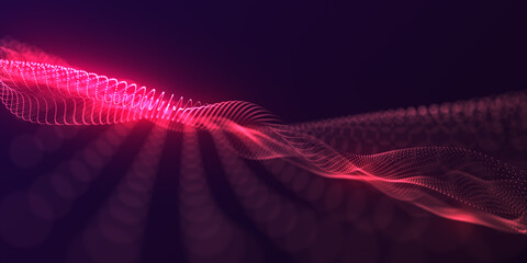 Technology digital wave background concept. Wave stream digital illustration. Network line connects to stream. Falling cyber particles. Big data stream. 3d rendering