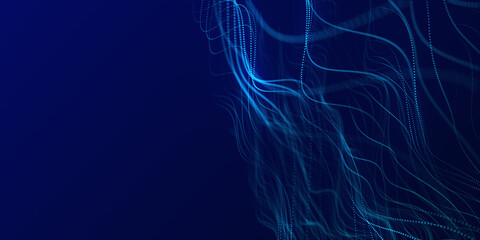 Technology digital wave background concept. Wave stream digital illustration. Network line connects to stream. Falling cyber particles. Big data stream. 3d rendering