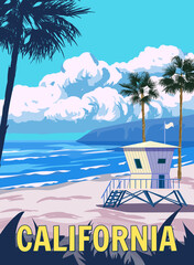 Fototapeta premium Retro Poster California. Lifeguard house on the beach, palm, coast, surf, ocean. Vector illustration vintage