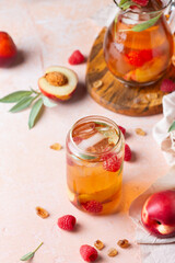 Peach raspberry iced tea, summer refreshing drink, beverage, cocktail