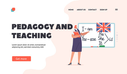 Pedagogy, Teaching and Education Landing Page Template. English Language Teacher Stand at Blackboard with Textbook