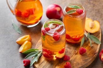 Peach raspberry iced tea, summer refreshing drink, beverage, cocktail