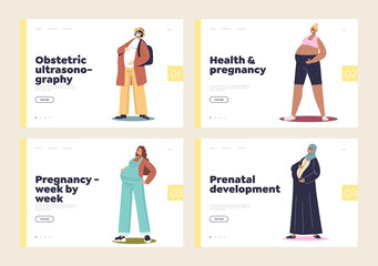 Pregnancy and motherhood concept of template landing pages set with different pregnant women