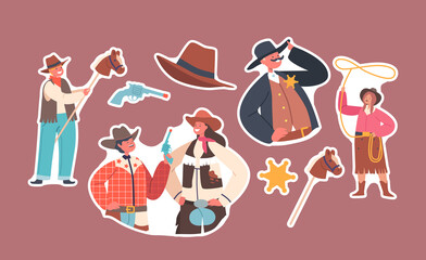 Set of Stickers Kids Cowboys Wear Traditional Wild West Costumes and Hats. Boys and Girls Isolated Western Personages