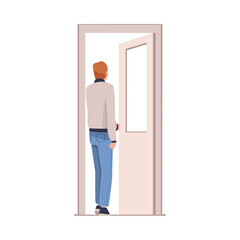 Man Character at Open Door Leaving Home Going Out Vector Illustration