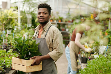 Portrait of African young male nursery owner with box of flowers inside greenhouse
