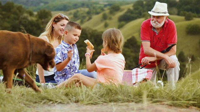 Joyful Family Having Picnic Outdoors. Smiling Multigenerational Family Sitting On Blanket Top Of Hill