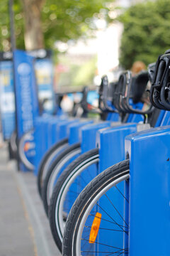 Row of blue rental bikes in Melbourne