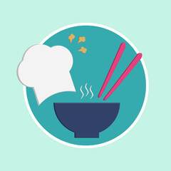 Restaurant icon vector illustration with chef's hat, bowl and chopsticks.