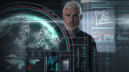 business man trading commodoties using stock market platform,futuristic touch screen graphic interface animation,businessman trader sell or buy energy sources  - Powered by Adobe