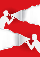 Two Men with megaphone tearing red paper, promotion background. 
Illustration of paper background with stylized male silhouettes. Template for original advertising banner. Vector available.