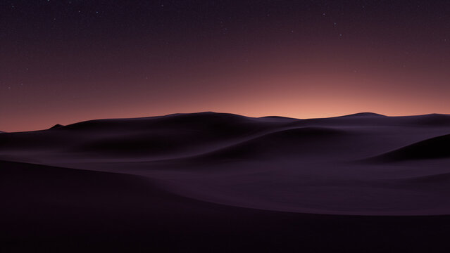 Undulating Sand Dunes form a Surreal Desert Landscape. Sunrise Wallpaper with Warm Gradient Starry Sky.