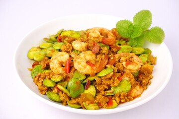 Stir-Fried Pork with Stink Beans and Shrimp Paste,Thai food isolated on white background 