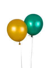 Green and yellow balloons with ribbons isolated on a white background. Minimal concept.
