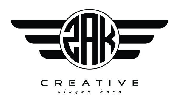 ZAK three letter circle with wings logo design vector template. wordmark logo | emblem logo | monogram logo | initial letter logo | typography logo | business logo | minimalist logo |