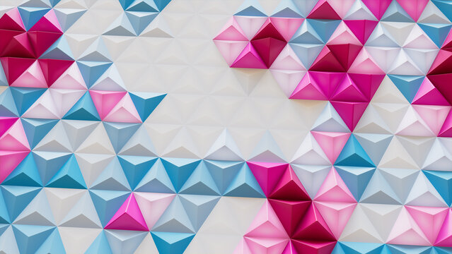 White, Blue and Pink Polygonal Surface with Tetrahedrons. Modern, Vibrant 3d Banner.