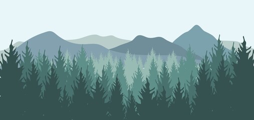 Beautiful Scenery Mountain with Pine Forest. Landscape of Fir Trees with Hill Background Vector Illustration