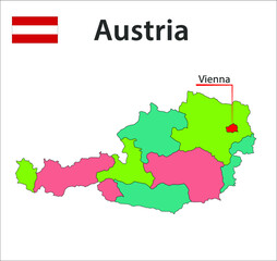 Obraz premium Map with city boundaries and the flag of Austria.