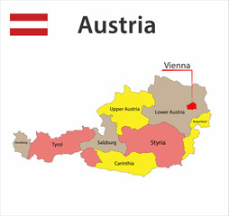 Map with city boundaries and the flag of Austria.