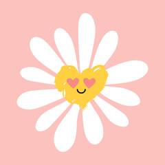 Cute smiling daisy flower in love. Chamomile with happy emotion.illustration for nature design. Vector cartoon style icon. 