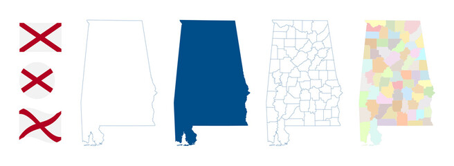 Alabama map. Detailed blue outline and silhouette. Administrative divisions and counties. Flag of Alabama. Set of vector maps. All isolated on white background. Template for design and infographics.