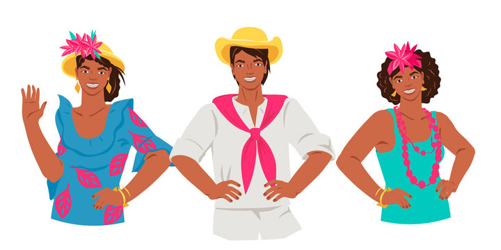 Cuban latino men and women flat vector illustration isolated.