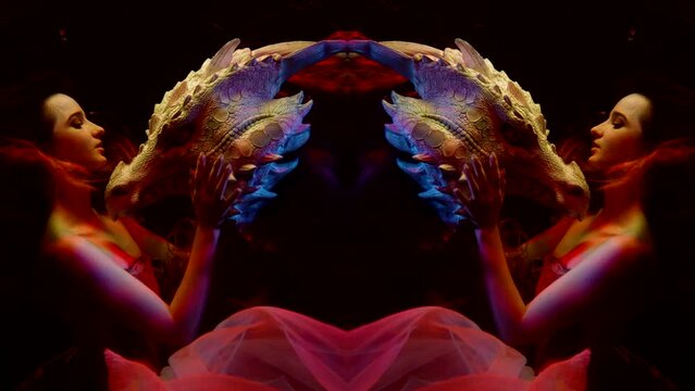 mirror double shot with woman and dragon floating underwater, fantasy and fairytale