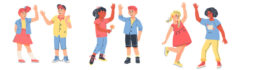 Happy children friends of school age giving high five, flat vector isolated.