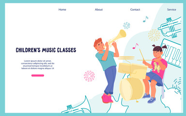 Kids music classes and education website banner template with kids vector.