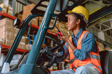 African black woman cargo worker work in warehouse working staff forklift driver command loading...