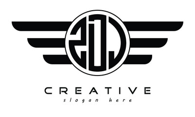 ZDJ three letter circle with wings logo design vector template. wordmark logo | emblem logo | monogram logo | initial letter logo | typography logo | business logo | minimalist logo | - obrazy, fototapety, plakaty