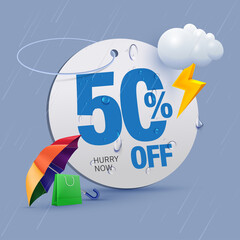 monsoon offer tag 50 percent off written on price tag surrounded with monsoon elements - obrazy, fototapety, plakaty