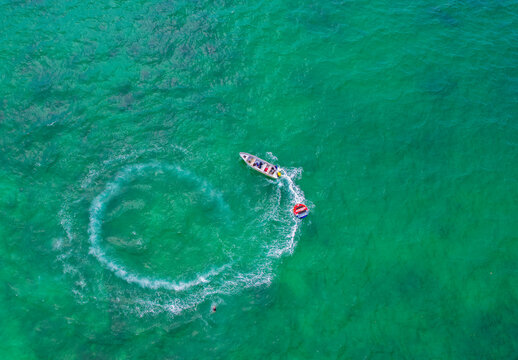 Drone picture of turquoise sea water sport in summer of Cartagena Colombia